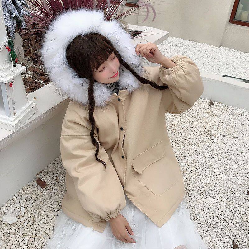 秋冬季新款中长款韩版宽松大毛领棉衣棉服女学生加厚工装开衫外套