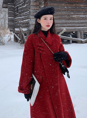 红色娃娃领双面羊绒大衣女中长款过膝2026秋冬新款结婚羊毛呢外套