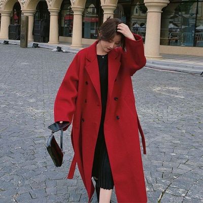 赫本风红色双面羊绒大衣女中长款2025年秋冬季新款新年毛呢外套潮