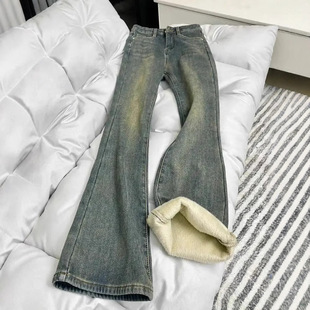 美式复古蓝加绒牛仔裤女款微喇秋冬季新款小个子显瘦高腰微喇裤女
