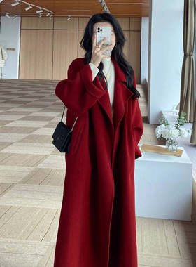 高级感红色双面羊毛呢子大衣女中长款结婚订婚2026年新款毛呢外套