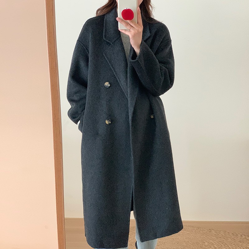 黑灰色羊绒大衣女中长款2025秋冬新款高级感宽松慵懒风羊毛呢外套