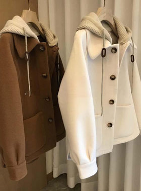 高级感拼接针织连帽毛呢大衣女胖mm大码300斤加厚假两件棉服外套