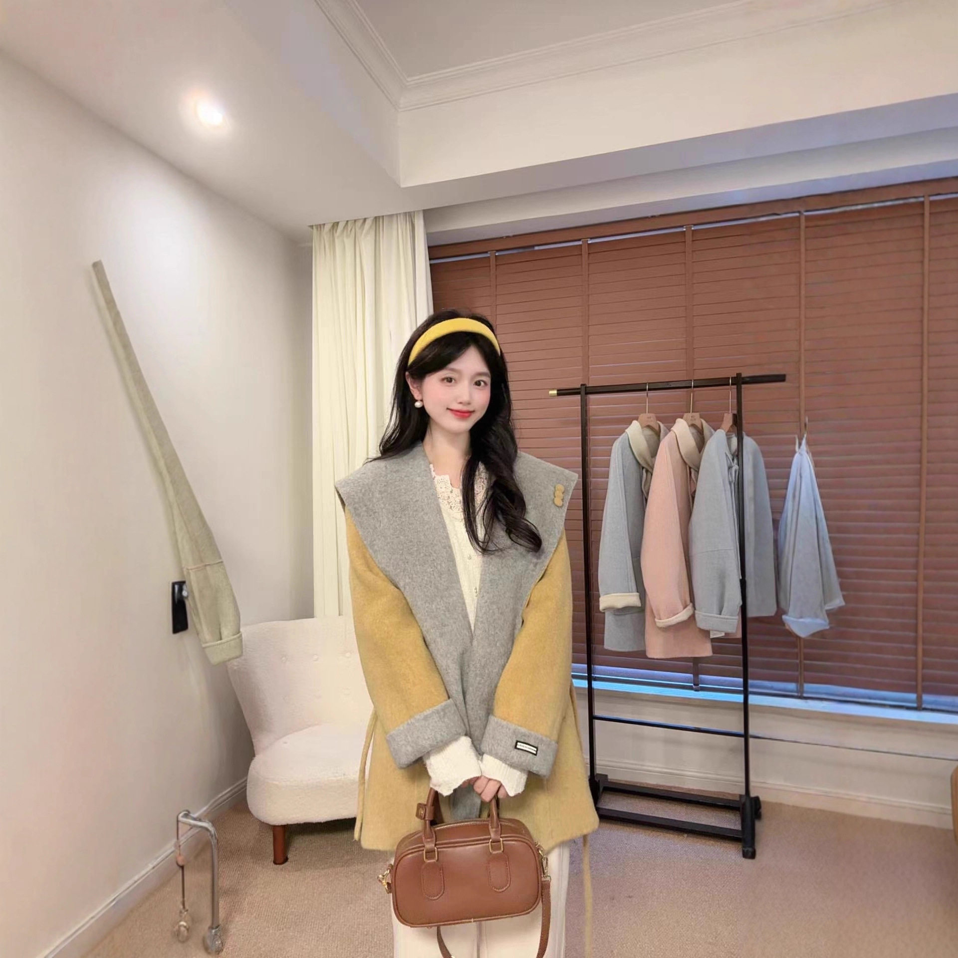 双面羊毛大衣女秋冬季中长款系带海军领拼色高级甜美气质毛呢外套