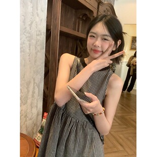 甜辣瘦子法式复古典雅格子无袖连衣裙女春夏设计感气质背心长裙子