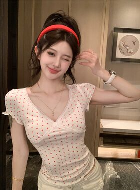 夏季新款v领短袖t恤女夏季韩系修身显瘦打底衫白色短款辣妹上衣