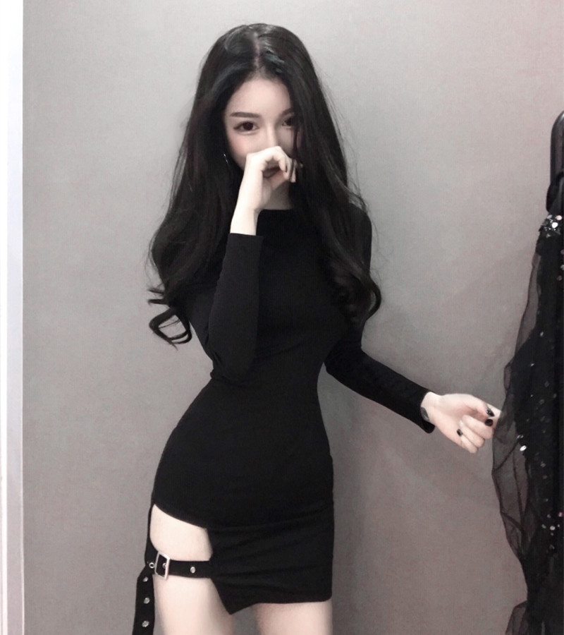 淘宝直播主播衣服装长袖侧开叉气质夜店女神百搭打底性感连衣裙冬
