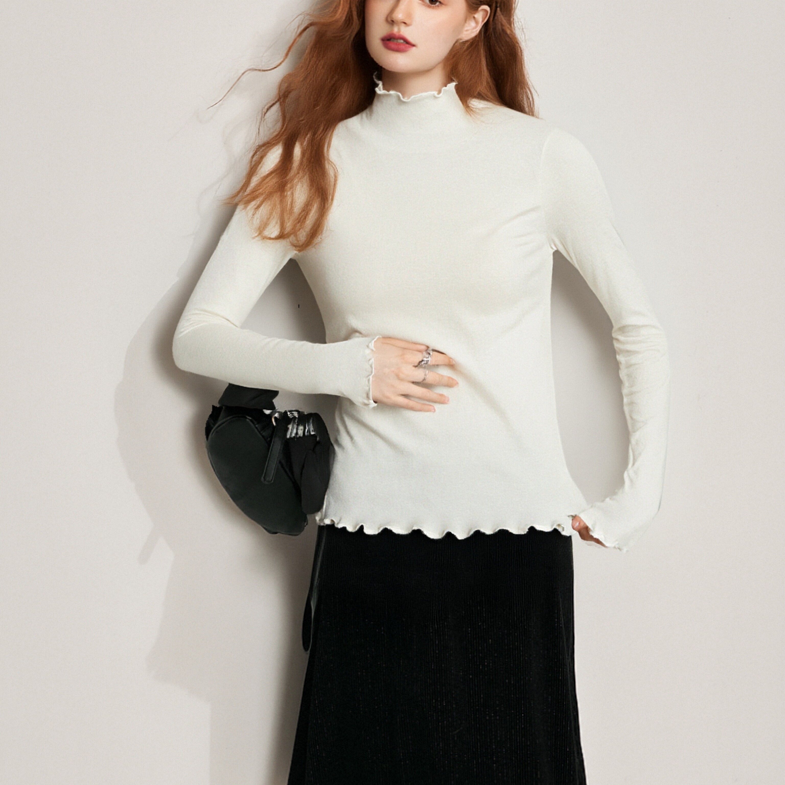 木耳边半高领纯色软糯打底衫T恤