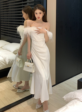 从一时刻 浮世舞会白色一字肩连衣裙2023新款女秋显身材裙