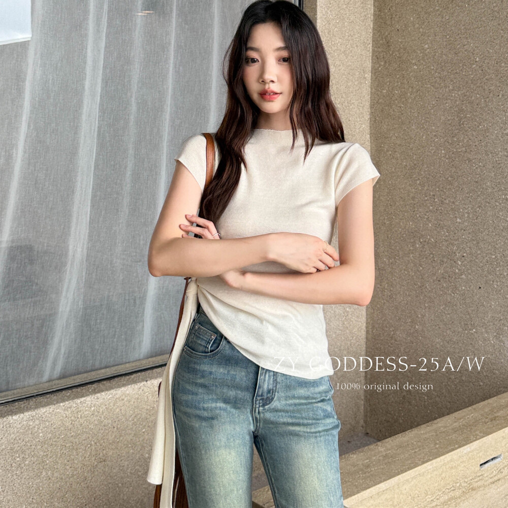 HELART2025极简软糯亲肤设计感早秋新款侧绑带小飞袖百搭短袖CK