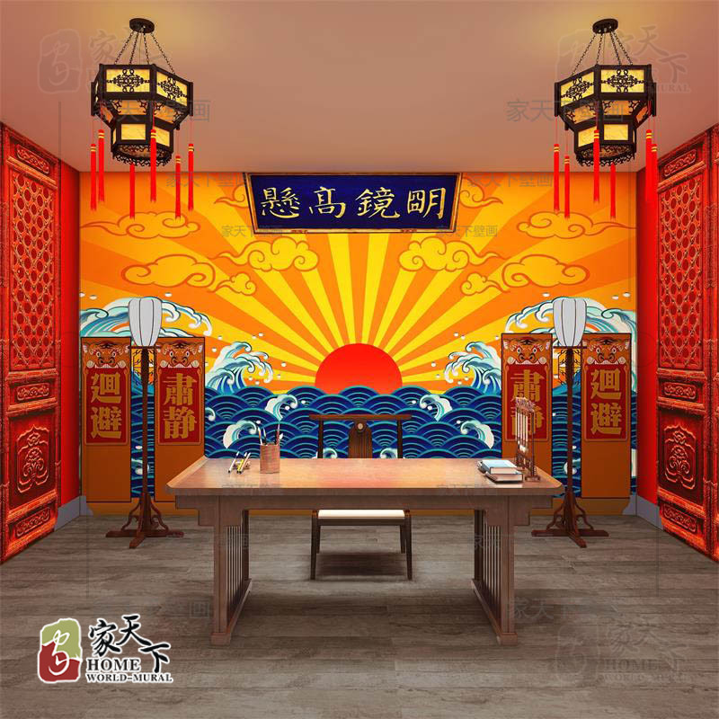 复古中式古代公堂背景壁纸古风衙门拍照换装馆推理社剧本杀店墙纸