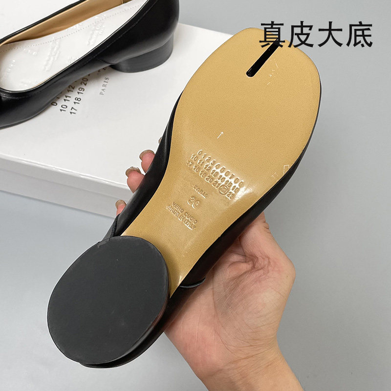 [버전] 2024 돼지 족발 타비 스플릿 토 슈즈 여성용 얕은 입 로우 베이스 미드 힐 보우 발레 슈즈