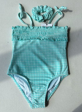 出口ins儿童连体泳衣2025新款女童纯色花边女宝宝吊带度假游泳装