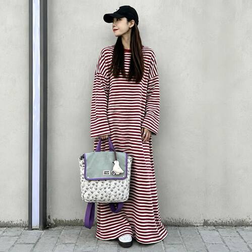 【只做100棉】2-300斤胖MM秋冬新款条纹长袖慵懒连衣裙纯棉长裙子