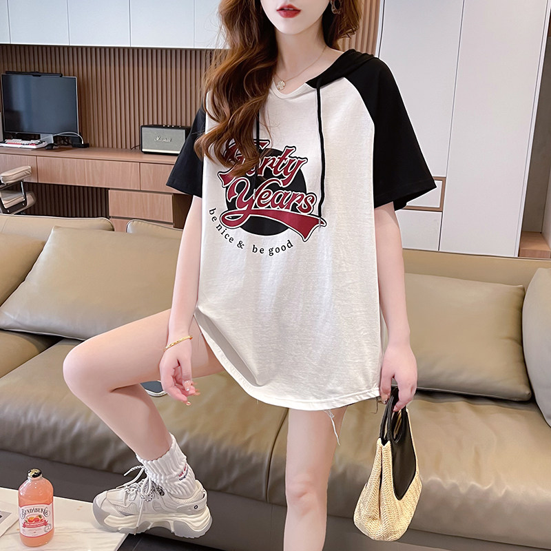 大码遮肚子藏肉纯棉短袖T恤女夏连帽插肩袖设计感复古打底衫上衣