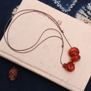 民族风仿老红色蜜蜡项链复古百搭个性毛衣链长款棉麻衣服配饰吊坠