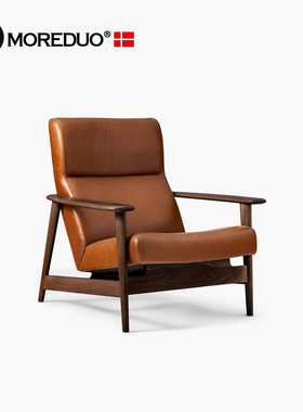 MOREDUO/意式北欧休闲椅客厅单人扶手椅全真皮实木沙发椅卧室单椅