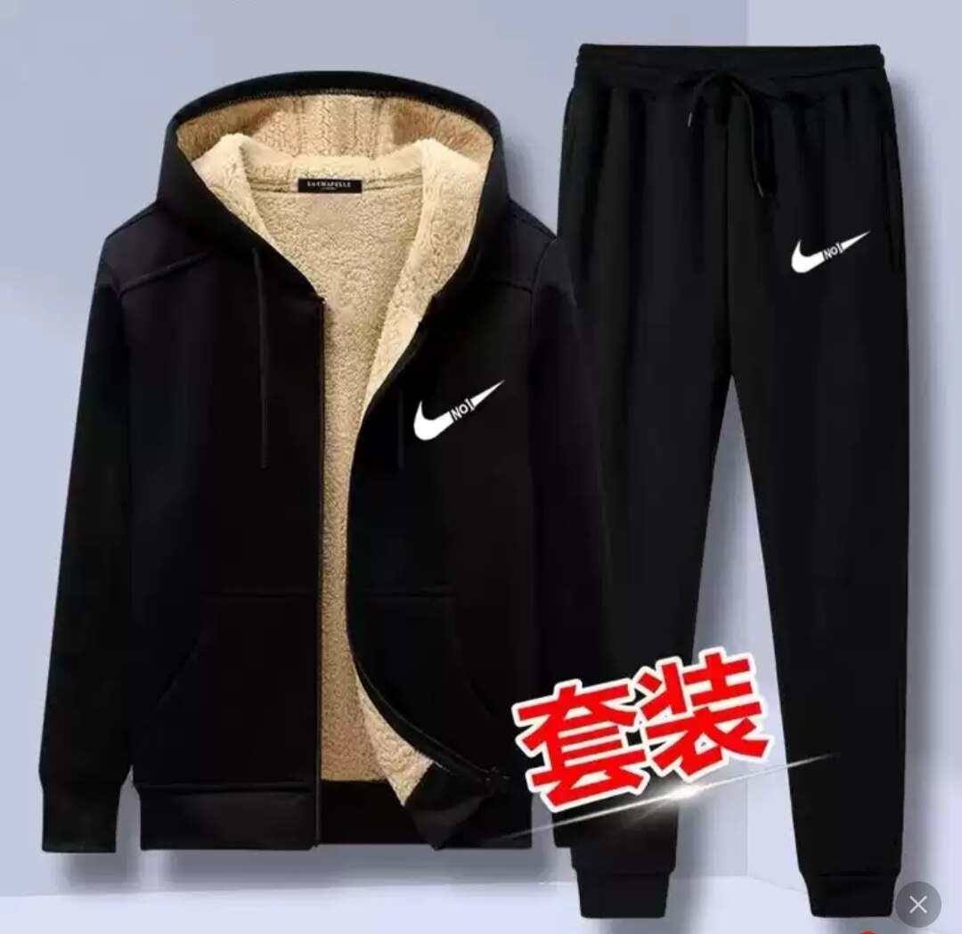 秋冬季羊羔绒运动套装男2023宽松开衫连帽外套休闲加绒加厚两件套