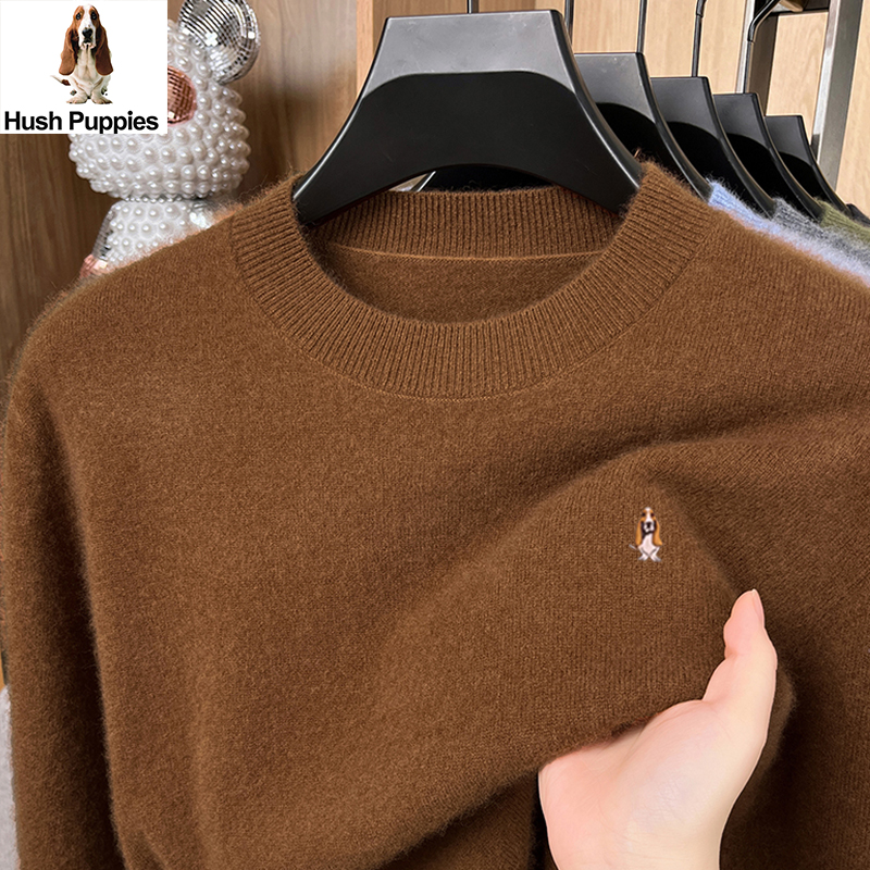 暇步士秋冬新款圆领羊毛衫男100纯羊毛纯色打底针织毛衣羊绒保暖