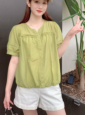 2025新款女装夏装短袖纯色小衫娃娃装套头T显瘦天丝棉衬衫潮上衣