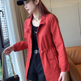 2023新款女装长袖外套修身显瘦抽绳纯色秋冬装中长款风衣女士外套