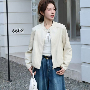 立领短款皮衣女春秋百搭显瘦小个子休闲夹克外套蛋白皮外套女士