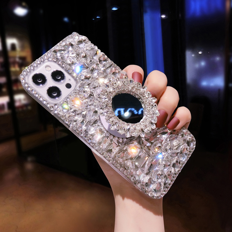 华为nova13pro镜子支架手机壳高级感Pura70带钻石闪Mate60镶钻保护套P50时尚P40荣耀200适用90SE女款12满钻11