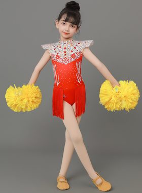 竞技啦啦操健美操服装红色啦啦队比赛服团体舞演出服连体表演服装