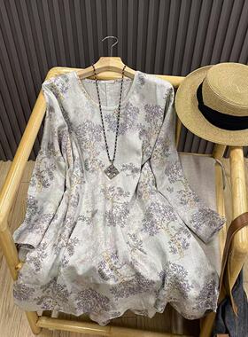 早春复古印花亚麻套头长衫文艺圆领宽松显瘦百搭T恤女T9548