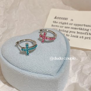 嘟嘟夫妇超闪十字架耳环耳扣d型直针耳圈睡觉免摘边缘耳骨环耳钉