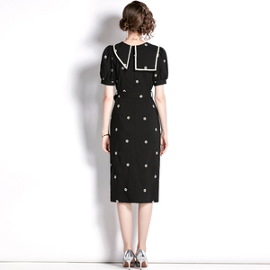 RM5270#新款女蝴蝶结系带修身显瘦开衩绣花连衣裙