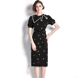 RM5270#新款女蝴蝶结系带修身显瘦开衩绣花连衣裙