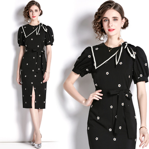 RM5270#新款女蝴蝶结系带修身显瘦开衩绣花连衣裙