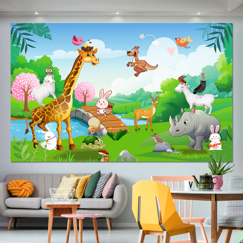 卡通墙贴儿童房间壁画卧室装饰画背景墙贴纸自粘动物世界床头贴画