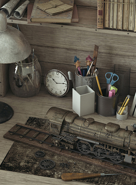 C4D书桌一角写实场景书籍文具笔书桌3d模型工程源文件octane渲染