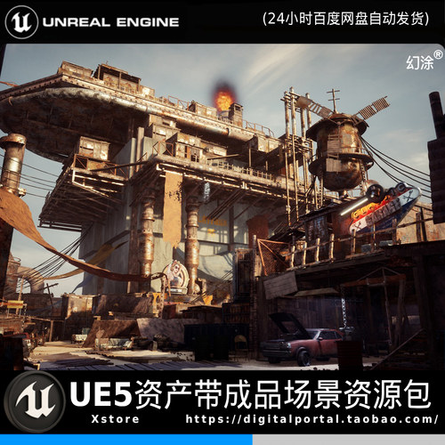 UE5虚幻5后末日废土锈蚀荒芜城市废墟废弃车辆场景游戏素材高精度