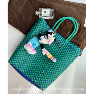 小众韩感旅游菜篮子复古绿色编织包拼接购物袋手提包大包包野餐篮