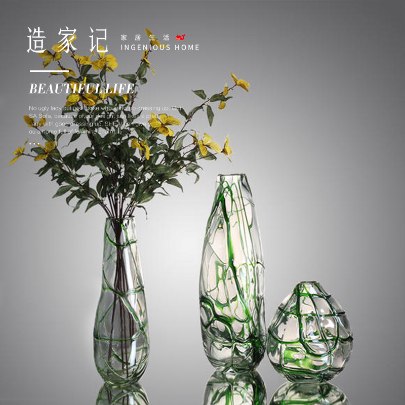 金红绿色缠丝珠光手工玻璃花瓶艺术插花器现代家居办公软装摆件