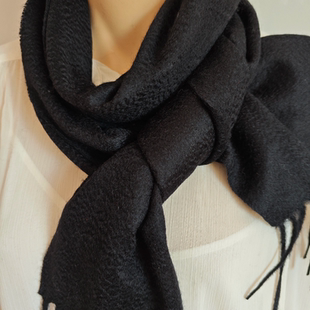 纯山羊绒围巾男女100%加厚水波纹重磅 黑色奢华秋冬保暖 30*180CM
