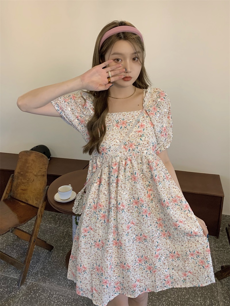 Real price Korean slim middle length Floral Embroidered Chiffon Dress versatile student princess skirt