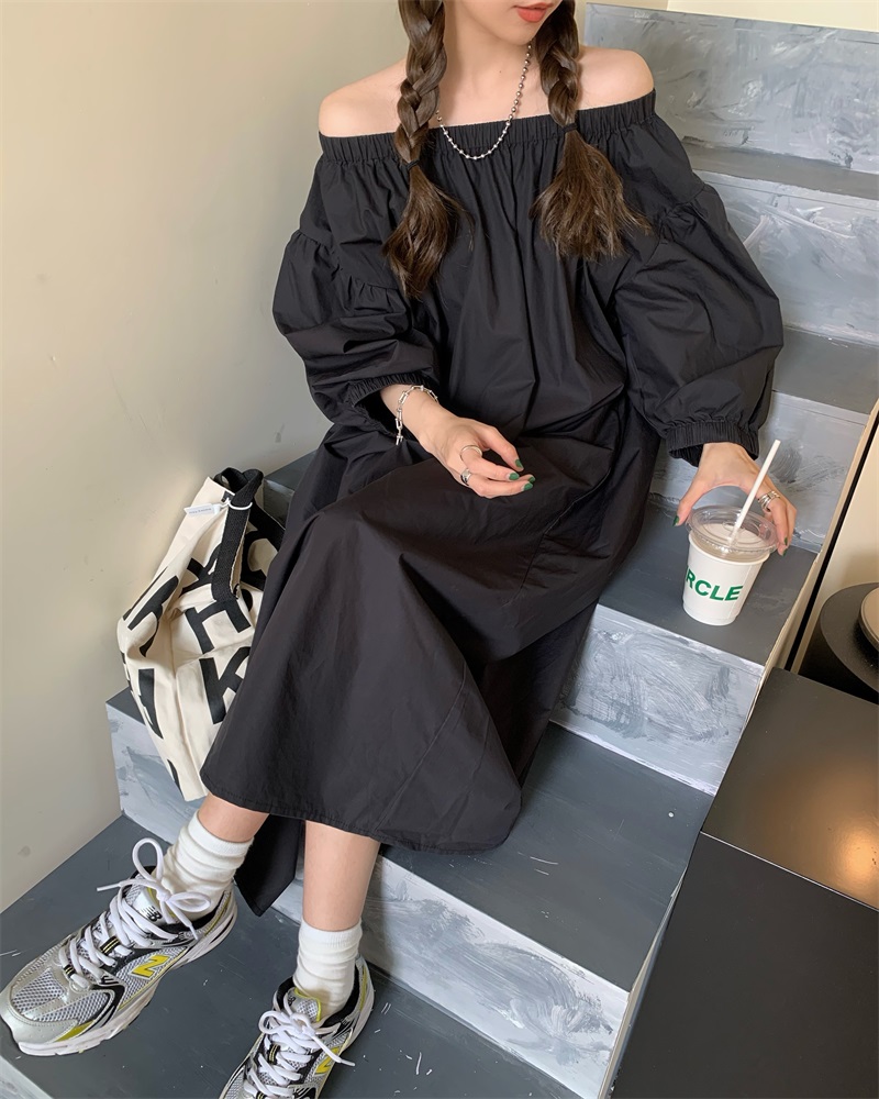 Real shot real price Korean loose and thin one line shoulder long style, versatile student dress