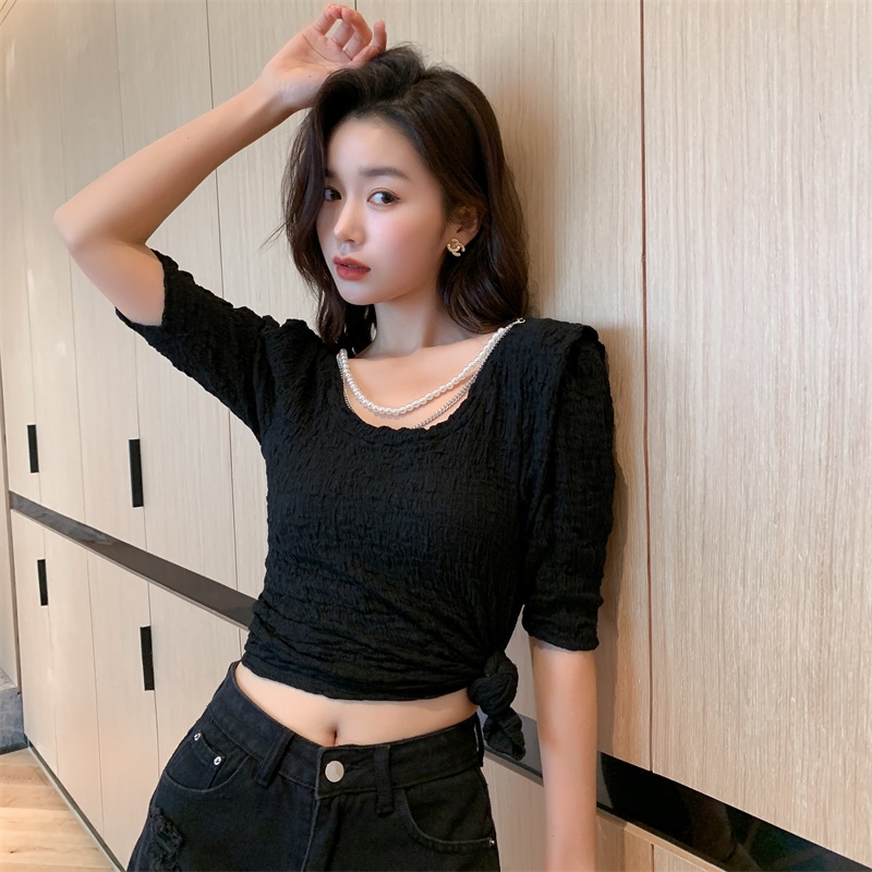 Real price summer new versatile round neck fashionable design chain loose bubble sleeve short sleeve top