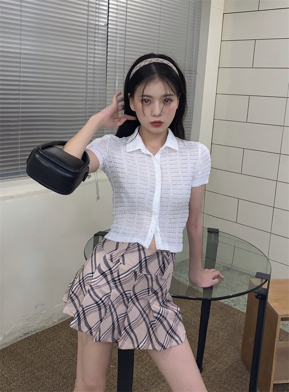 Real price Korean slim short shirt, versatile student summer Top + high waist plaid skirt