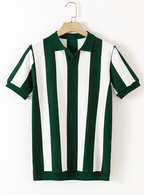 条纹polo衫男短袖春夏季美式休闲翻领T恤 中年男士冰大码丝针织衫