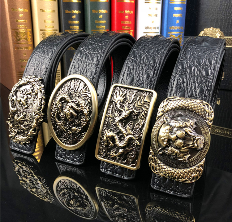 男士复古龙头鳄鱼纹头层牛皮牛仔裤腰带个性虎头平滑扣真皮皮带男