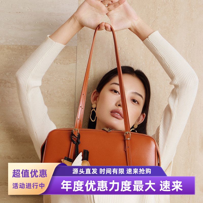 真皮腋下包复古保龄球包女百搭包包小众植鞣头层牛皮包手提包女包