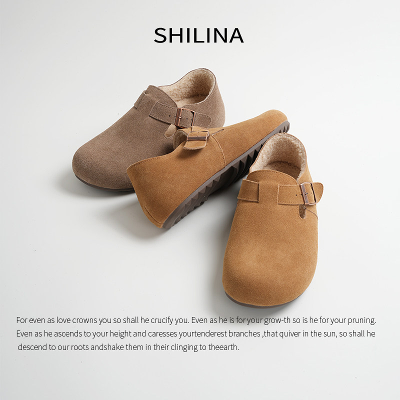 真皮勃肯鞋2025加绒单鞋女全包磨砂牛皮厚底鞋一脚蹬秋季冬季加绒