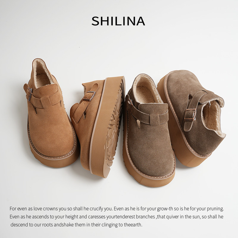 磨砂牛皮勃肯鞋女厚底增高4.5CM2025新款棕色百搭保暖加绒棉鞋