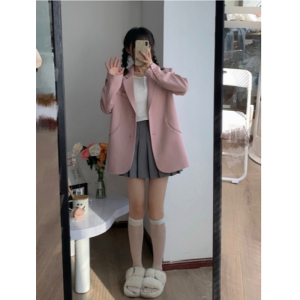 ms甜末末早秋韩版设计感卡其宽松显瘦复古休闲上衣粉色西装外套女