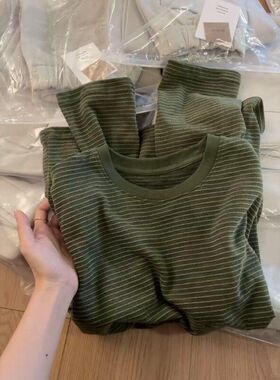 广州十三行绿色条纹长袖t恤女春秋内搭打底衫韩系宽松慵懒风上衣